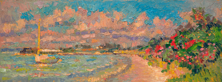 CAT# 3739  Ganesha at South Beach with Rosehips - Fishers Island  oil	9 x 24 inches  Leif Nilsson summer 2022 ©  