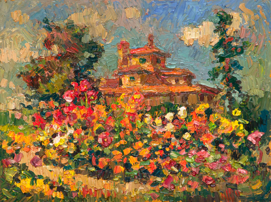 CAT# 3744  Dahlia Garden - Enders Island, afternoon  oil	9 x 12 inches Leif Nilsson summer 2022	©