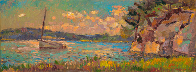 CAT# 3754  Selden Cove Cliff with Ganesh - end of day  oil	9 x 24 inches  Leif Nilsson autumn 2022	©