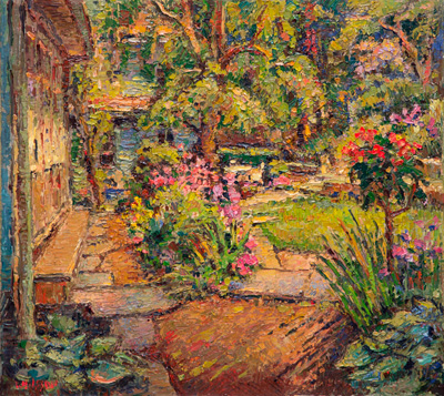 CAT# 3789.1  Iris Garden - spring late afternoon  oil	14 x 16	inches Leif Nilsson spring 2023	© 