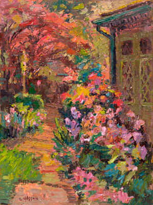 CAT# 3792  Iris Garden - spring late afternoon  oil	16 x 12	inches Leif Nilsson spring 2023	©