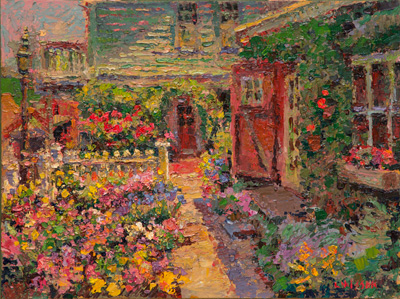 CAT# 3793  Studio Garden with Iris and Roses  oil	12 x 16	inches Leif Nilsson spring 2023	©