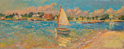 CAT# 3822  Dink with Sail up  oil	12 x 30	inches Leif Nilsson summer 2023	©