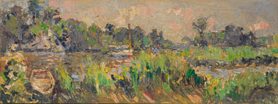 CAT# 3929 Seldens Creek with Yellow Flag Iris - morning oil	6 x 24	inches Leif Nilsson summer 2025	© 